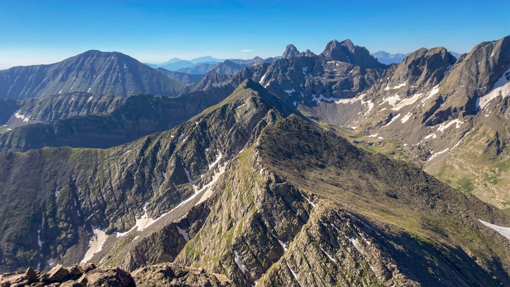 Looking back on the traverse from Mt. Adams. Crestone Peak and Needle can be seen the background.