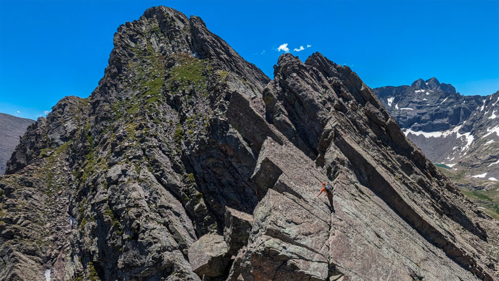 (looking south) Solving the many cruxes of the Obstruction - Fluted ridge segment -- Photo provided by Patrick Gres